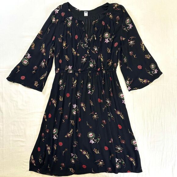 Old Navy Black Floral Prairie Peasant Midi Dress Buttons Sz L Boho Cottage Fairy - Picture 1 of 4